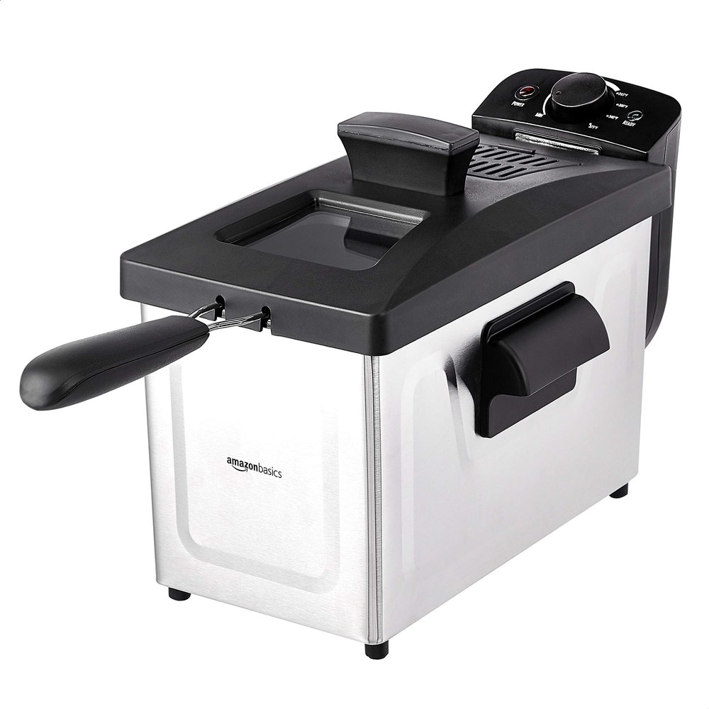Amazon Basics 3.2-Qt (3.0L) Electric Deep Fryer with Adjustable Temperature Control, Easy Draining Basket, Viewing Window, Fast-Heating 1500W, Stainless Steel Exterior, Black & Silver