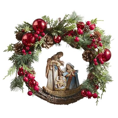 Avalon Gallery Luxury Wreaths - Grapevine & Evergreen Christmas Wreath with Nativity Figurine, 15-Inch, Red Ornaments
