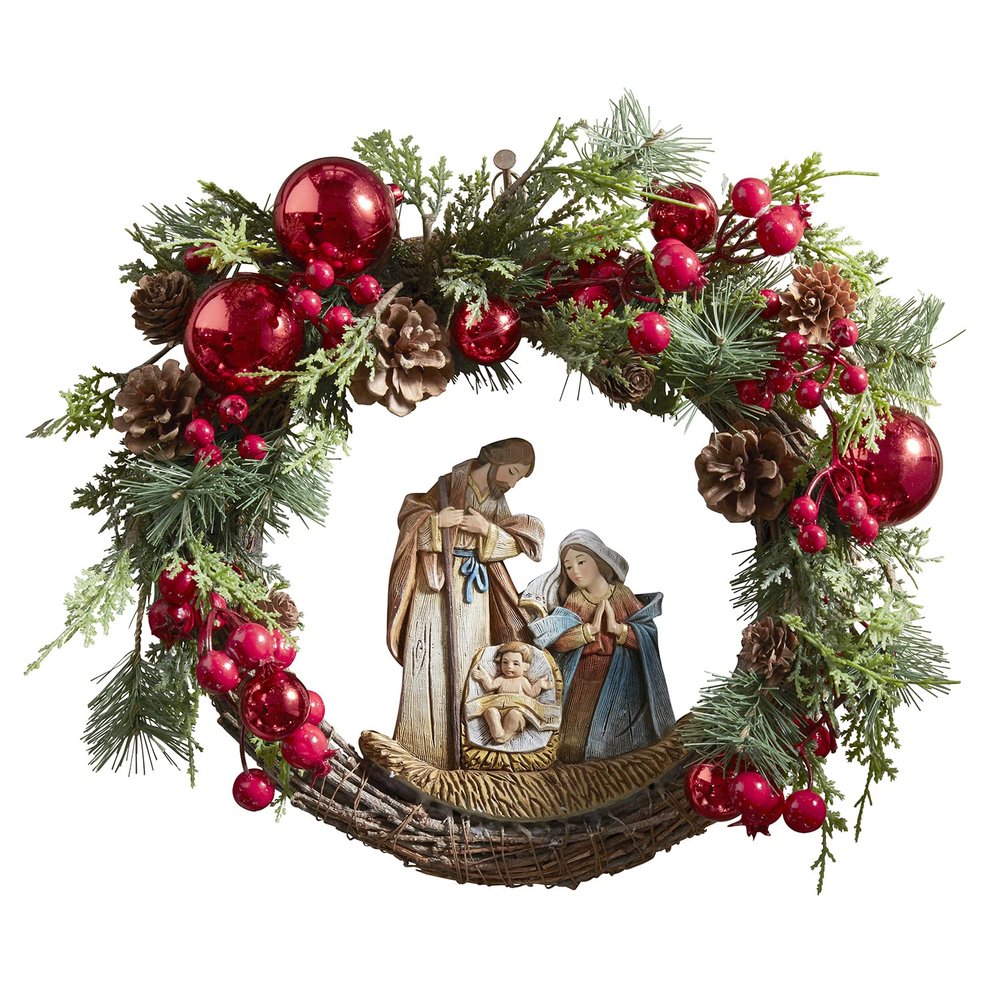 Avalon Gallery Luxury Wreaths - Grapevine & Evergreen Christmas Wreath with Nativity Figurine, 15-Inch, Red Ornaments