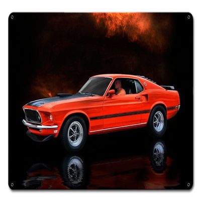 ArtFuzz Orange Mustang Mach 1 Fastback Car Vintage Sign 18X12