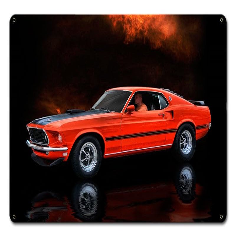 ArtFuzz Orange Mustang Mach 1 Fastback Car Vintage Sign 18X12