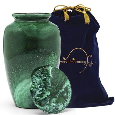Eternal Harmony Large Urn for Ashes, Adult Male & Female Cremation Urn for Human Ashes with Elegant Finishes, Secure Seal & Velvet Bag, Funeral Urn for Men & Women Up to 200 lbs, 7x11 (Green Milo)