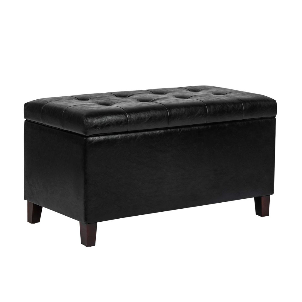 Asense Storage Ottoman Bench, Faux Leather Upholstered End of Bed Bench with Safety Hinge Wooden Legs, for Entryway Bedroom (Black, 33.3")