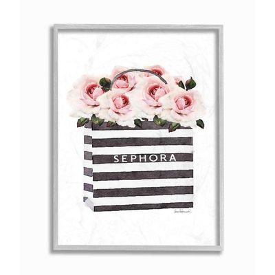 Stupell Industries Striped Makeup Shopping Bag Filled with Pink Roses Gray Framed Wall Art, 16x20, Multi-Color