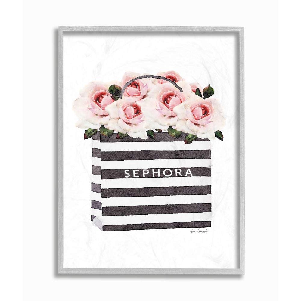 Stupell Industries Striped Makeup Shopping Bag Filled with Pink Roses Gray Framed Wall Art, 16x20, Multi-Color