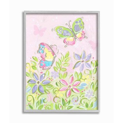 The Kids Room by Stupell Pastel Butterflies and Flowers Gray Framed Wall Art, 16x20, Multi-Color