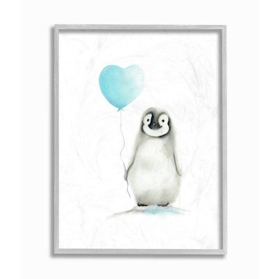 The Kids Room by Stupell Baby Penguin with Blue Balloon Gray Framed Wall Art, 16x20, Multi-Color