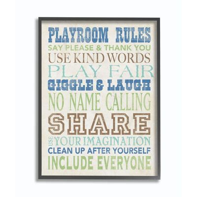 The Kids Room by Stupell Playroom Rules Typography in Blues Green and Brown Black Framed Wall Art, 16x20, Multi-Color