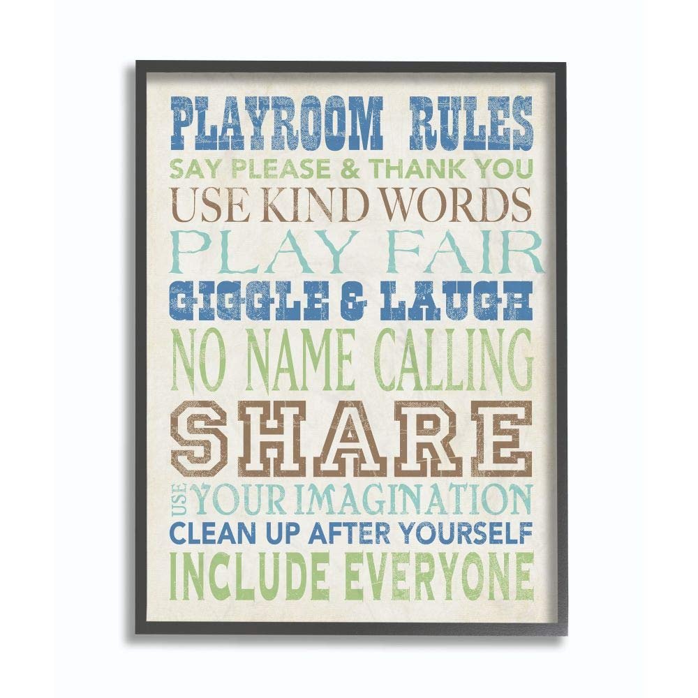 The Kids Room by Stupell Playroom Rules Typography in Blues Green and Brown Black Framed Wall Art, 16x20, Multi-Color