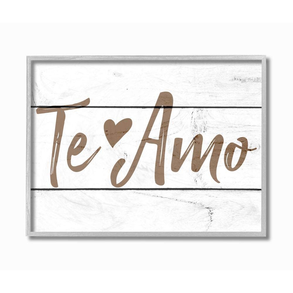 Stupell Industries Rustic Minimal Te Amo White Planked Spanish Typography Grey Framed Wall Art, 11 x 14, Design by Artist Daphne Polselli