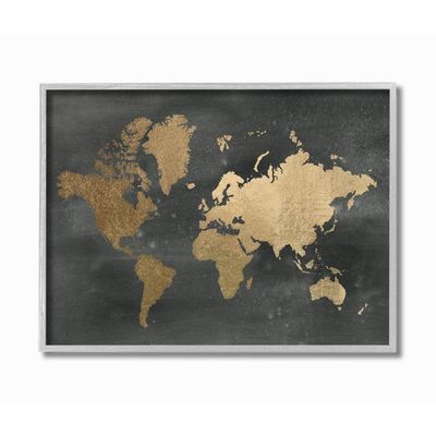 Stupell Industries Black and Gold World Map Gray Framed Wall Art, 11x14, Multi-Color