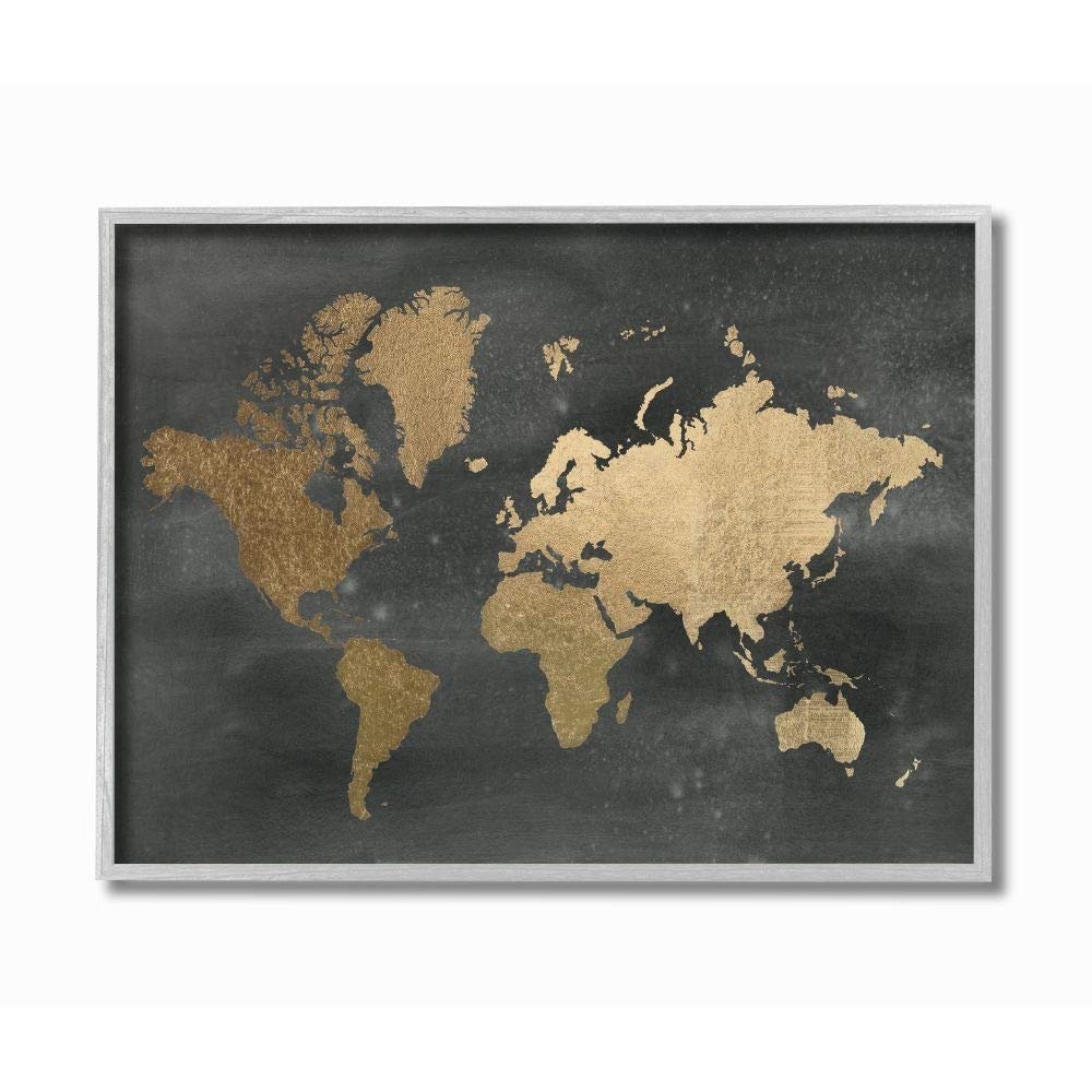 Stupell Industries Black and Gold World Map Gray Framed Wall Art, 11x14, Multi-Color