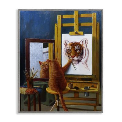 Stupell Industries Cat Confidence Self Portrait as a Tiger Funny Painting Grey Framed Wall Art, 16 x 20, Design By Artist Lucia Heffernan