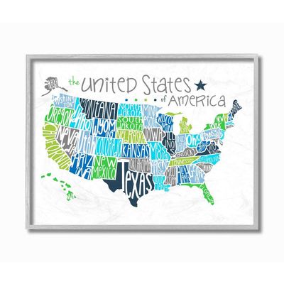 The Kids Room by Stupell United States Map Typography Gray Framed Wall Art, Multi-Color