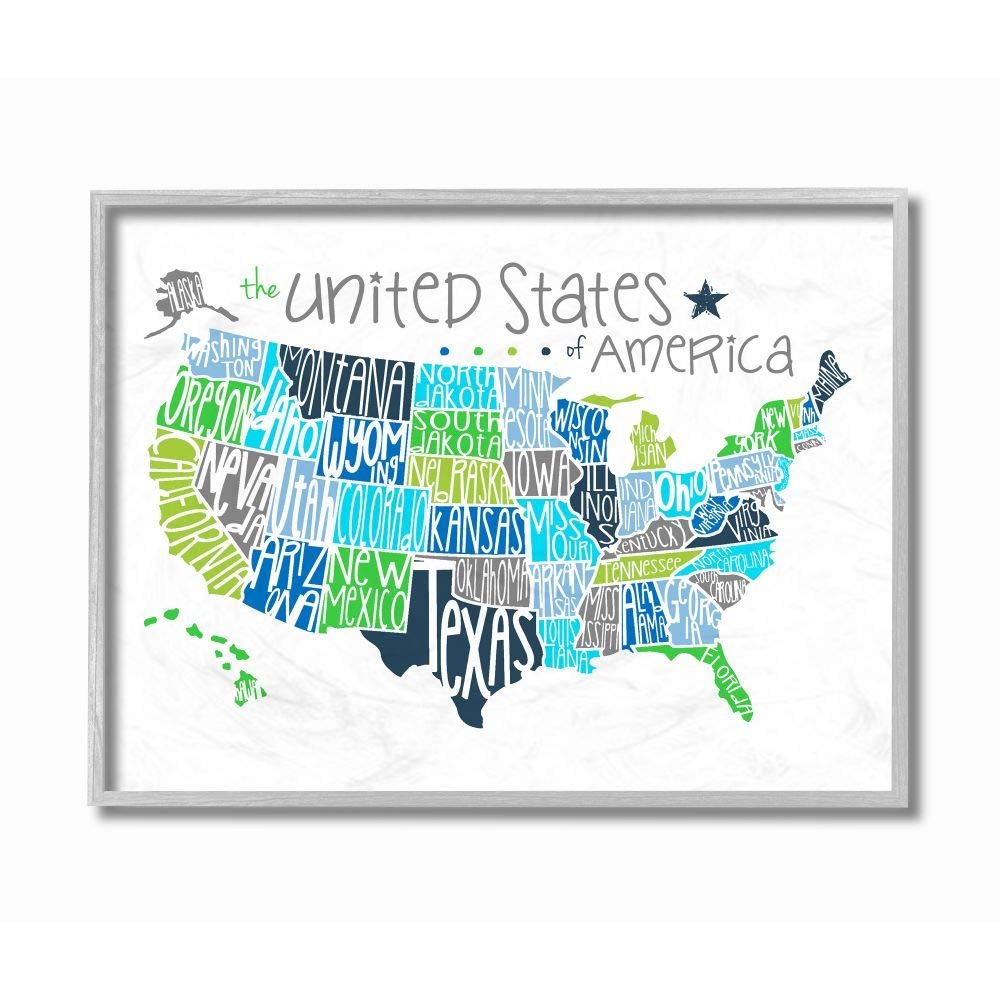 The Kids Room by Stupell United States Map Typography Gray Framed Wall Art, Multi-Color