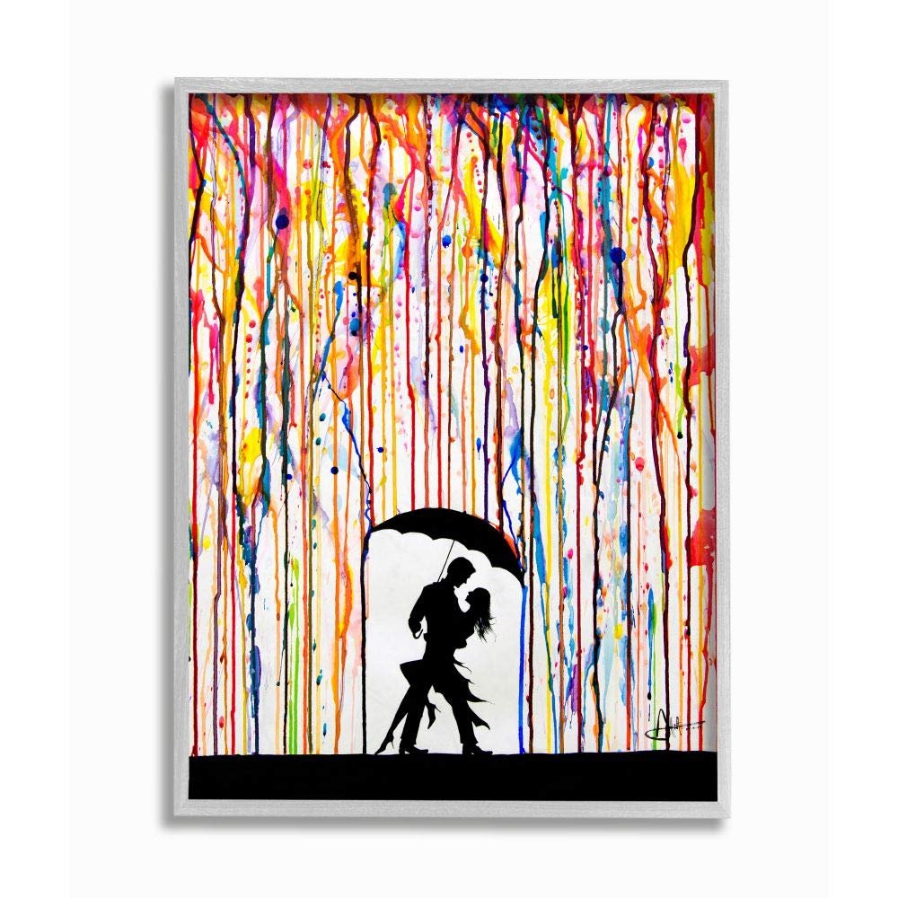 Stupell Industries Melting Colors Rainbow Rain Drops Umbrella Dancing Silhouette Grey Framed Wall Art, 11 x 14, Design by Artist Marc Allante
