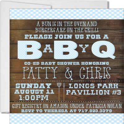 Backyard BBQ Baby Shower Invitations with Envelopes, Cook Out Baby Shower Invitations, Baby Q Baby Shower Invites (Pastel Blue/Wood)