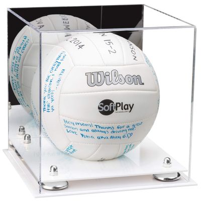 Better Display Cases Acrylic Volleyball Display Case with Mirror Case, Silver Risers and White Base (B02/A027)