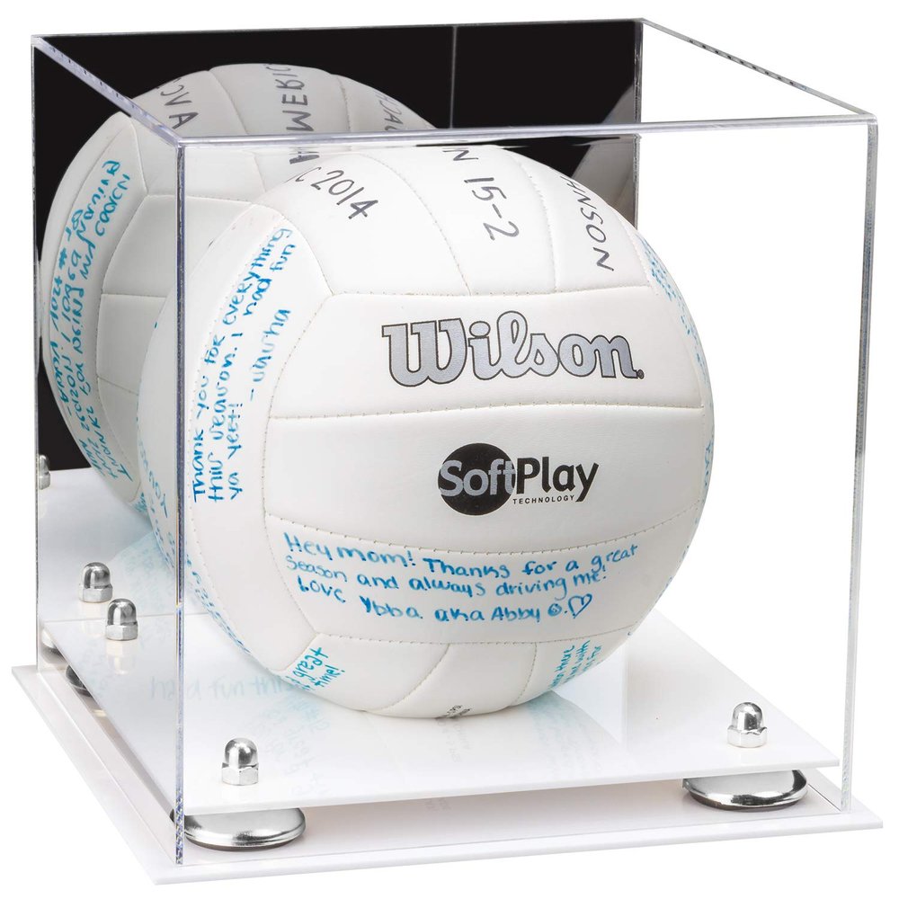 Better Display Cases Acrylic Volleyball Display Case with Mirror Case, Silver Risers and White Base (B02/A027)