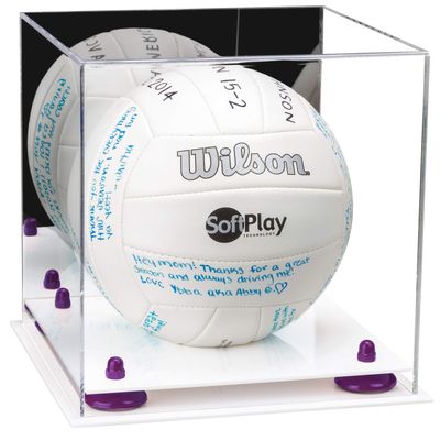 Better Display Cases Acrylic Volleyball Display Case with Mirror Case, Purple Risers and White Base (B02/A027)