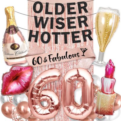 PartyForever 60th Birthday Decorations for Women Rose Gold Supplies Big Set Including Older Wiser Hotter Banner and 60 & Fabulous Bday Sash for Her Party Decor