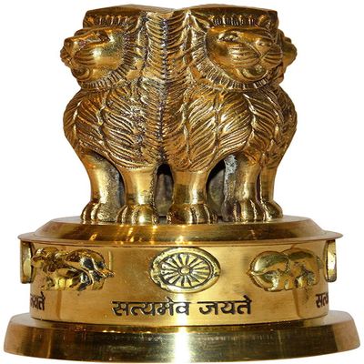 Aone India Decorative Brass Ashoka Stambh Emblem India Ashok Chakra Pillar Memento Sculpture Home Office Desk Artwork Showpiece (Large)