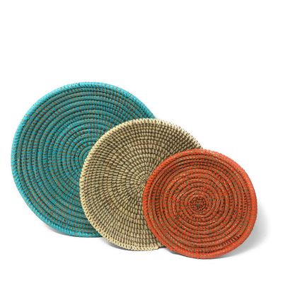 African Fair Trade Shallow Round Nesting Baskets, Set of 3, Turquoise/Ivory/Orange