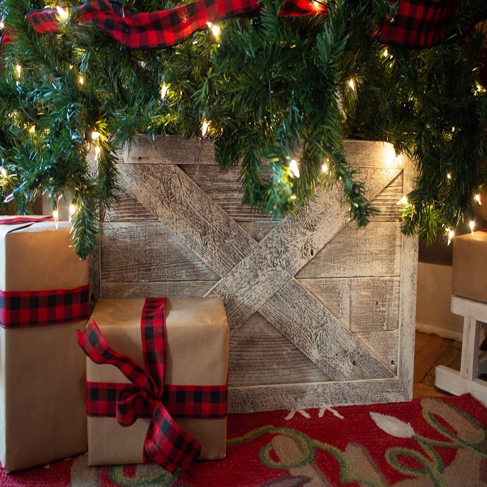 BARNWOODUSA Christmas Tree Collar or Box Made of Reclaimed Wood Rustic Skirt Replacement Blocks, Hook-&-Loop Strip Panels, 37x27 in., Whitewash