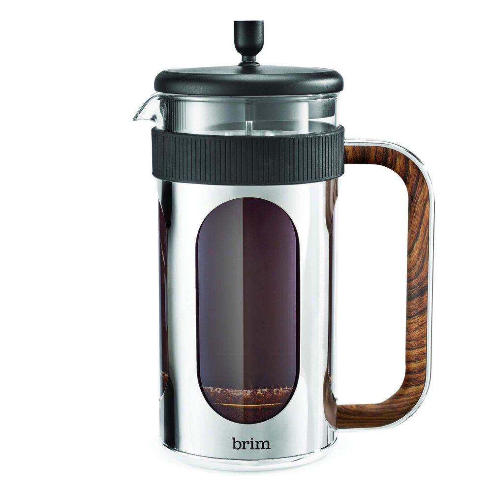 brim 8 Cup French Press, Quickly Brew Coffee in Under 5 Minutes, Classic Design with Modern Twist, Dishwasher Safe Carafe for Easy Cleaning, Replacement Filter Included, Stainless Steel/Wood