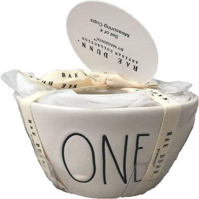 Rae Dunn 4 Piece WHOLE HALF THIRD QUARTER Glossy White Ceramic Measuring Cups Set
