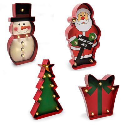 Bey-Berk LED Metal Holiday Sign Set (Set of 4), Santa, Snowman, Christmas Tree and Gift Box, Vintage Distressed Light-Up Christmas Decor, Wall or Table Display