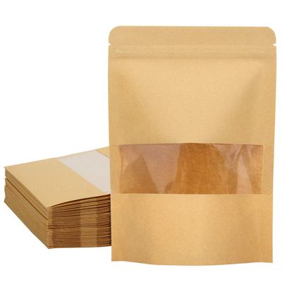 Blisstime 50 Pack Kraft Paper Stand Up Pouch Bags, Resealable Bag with Transparent Window and Tear Notch for Multipurpose Storage (6 X 8.6 Inches)