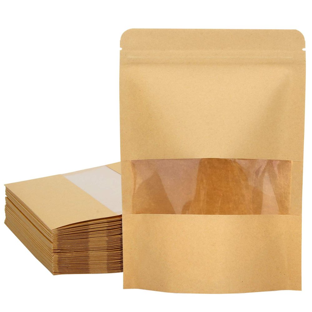 Blisstime 50 Pack Kraft Paper Stand Up Pouch Bags, Resealable Bag with Transparent Window and Tear Notch for Multipurpose Storage (6 X 8.6 Inches)