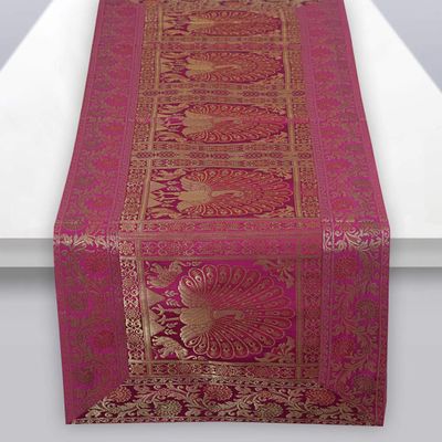 Pink & Golden Peacock Silk Table Runner Decorative Vintage Design Indian Boho Coffee Brocade Embroidered Rectangle Tablecloth for Bohemian Hippie Party Banquet Ethic Floral Design 60 X 18 Inch