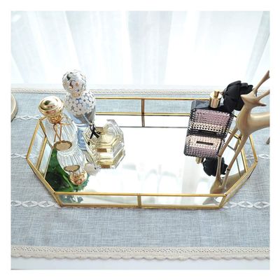 Vintage Glass Mirror, Hexagonal Jewelry Tray Metal Decorative Tray (Large)