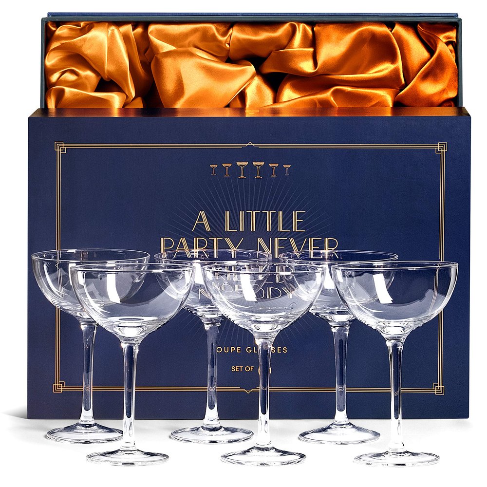 Vintage Crystal Champagne Coupe Glasses | Set of 6 | 4-5 oz Classic Cocktail Glassware - Martini, Manhattan, Cosmopolitan, Sidecar, Daiquiri | 1920s Speakeasy Retro Style Saucers | Storage Box