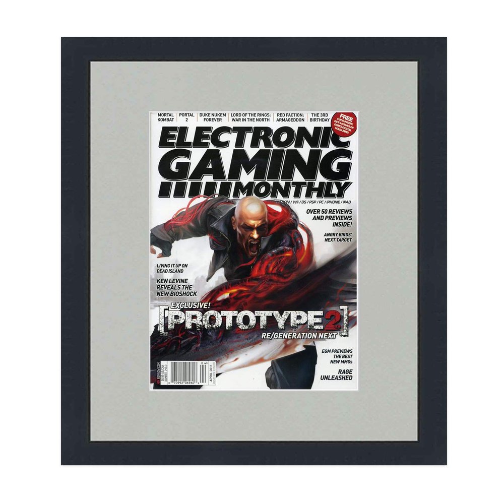 CountryArtHouse Electronic Gaming Monthly EGM Magazine Solid Wood Frame - Acrylic, Backing, and Grey Mat - Display Any Magazine Measuring 10x12