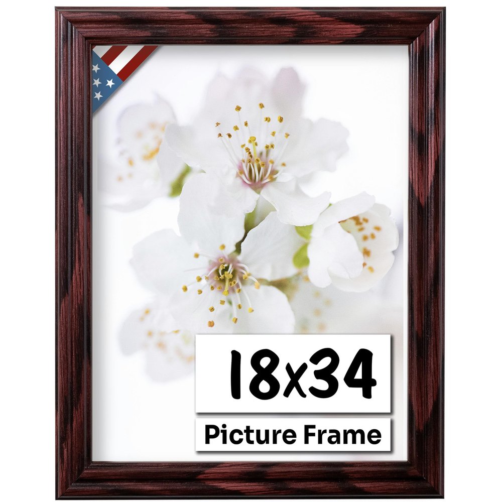 US Art Cherry 18x34 Picture Frame .75" Inch Wide - Cherry Wall Decor Handmade Solid Wood Frames with Preinstalled Hangers and UV Blocking Plexiglass 34x18 Frame