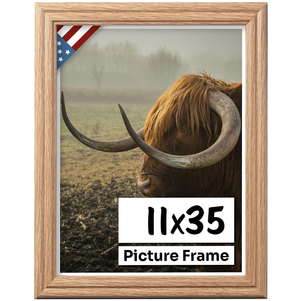 US Art Oak 11x35 Picture Frame .75" Inch Wide - Faux Oak Decor Handmade Solid Wood Frames with Preinstalled Hangers and UV Blocking Plexiglass 35x11 Frame