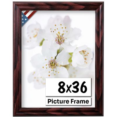 US Art Cherry 8x36 Picture Frame .75" Inch Wide - Cherry Wall Decor Handmade Solid Wood Frames with Preinstalled Hangers and UV Blocking Plexiglass 36x8 Frame
