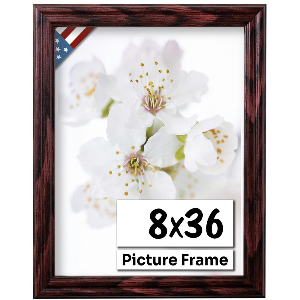 US Art Cherry 8x36 Picture Frame .75" Inch Wide - Cherry Wall Decor Handmade Solid Wood Frames with Preinstalled Hangers and UV Blocking Plexiglass 36x8 Frame
