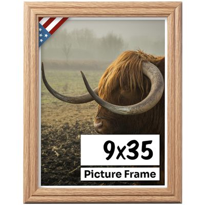 US Art Oak 9x35 Picture Frame .75" Inch Wide - Faux Oak Decor Handmade Solid Wood Frames with Preinstalled Hangers and UV Blocking Plexiglass 35x9 Frame