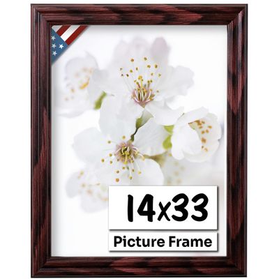 US Art Cherry 14x33 Picture Frame .75" Inch Wide - Cherry Wall Decor Handmade Solid Wood Frames with Preinstalled Hangers and UV Blocking Plexiglass 33x14 Frame