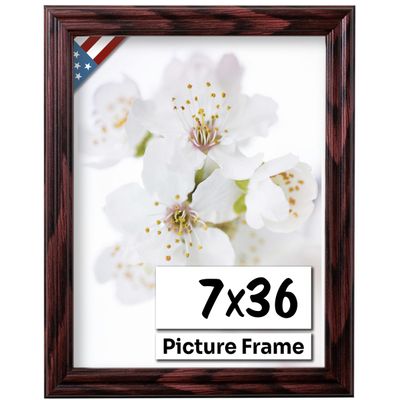US Art Cherry 7x36 Picture Frame .75" Inch Wide - Cherry Wall Decor Handmade Solid Wood Frames with Preinstalled Hangers and UV Blocking Plexiglass 36x7 Frame