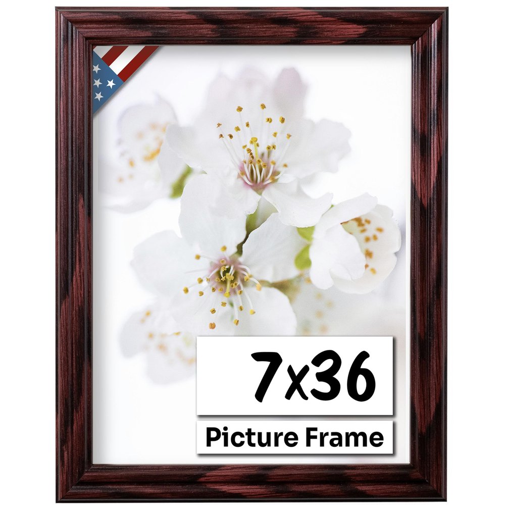 US Art Cherry 7x36 Picture Frame .75" Inch Wide - Cherry Wall Decor Handmade Solid Wood Frames with Preinstalled Hangers and UV Blocking Plexiglass 36x7 Frame