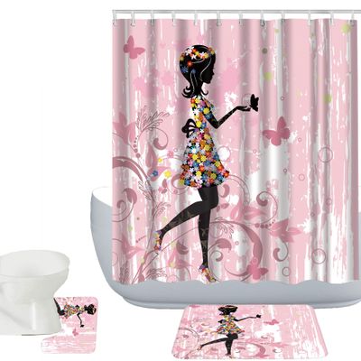 Amagical Cute Flower Fairy Girl 3 Piece Pink Bathroom Mat Set Shower Curtain Set Bath Mat Contour Mat Fabric Shower Curtain with 12 Hooks