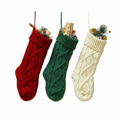 Meiosuns Christmas Stockings Cable Knit Stocking Christmas Decorations Goodie Bags Gift Fireplace Xmas Tree Stocking Ornaments for Holiday Family Friends (Burgundy Green Ivory, Length 18",Pack of 3)