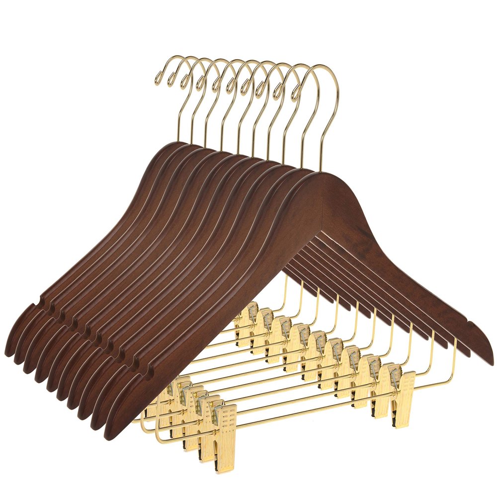 Quality Wooden Skirt Hangers with Clips, 10-Pack Smooth Solid Wood Pants Hangers with Durable Adjustable Metal Clips, Swivel Hook, Coat, Jacket, Blouse Suit Hangers (Walnut - Gold Hook, 10)