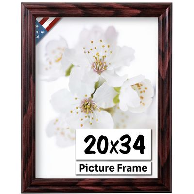 US Art Cherry 20x34 Picture Frame .75" Inch Wide - Cherry Wall Decor Handmade Solid Wood Frames with Preinstalled Hangers and UV Blocking Plexiglass 34x20 Frame