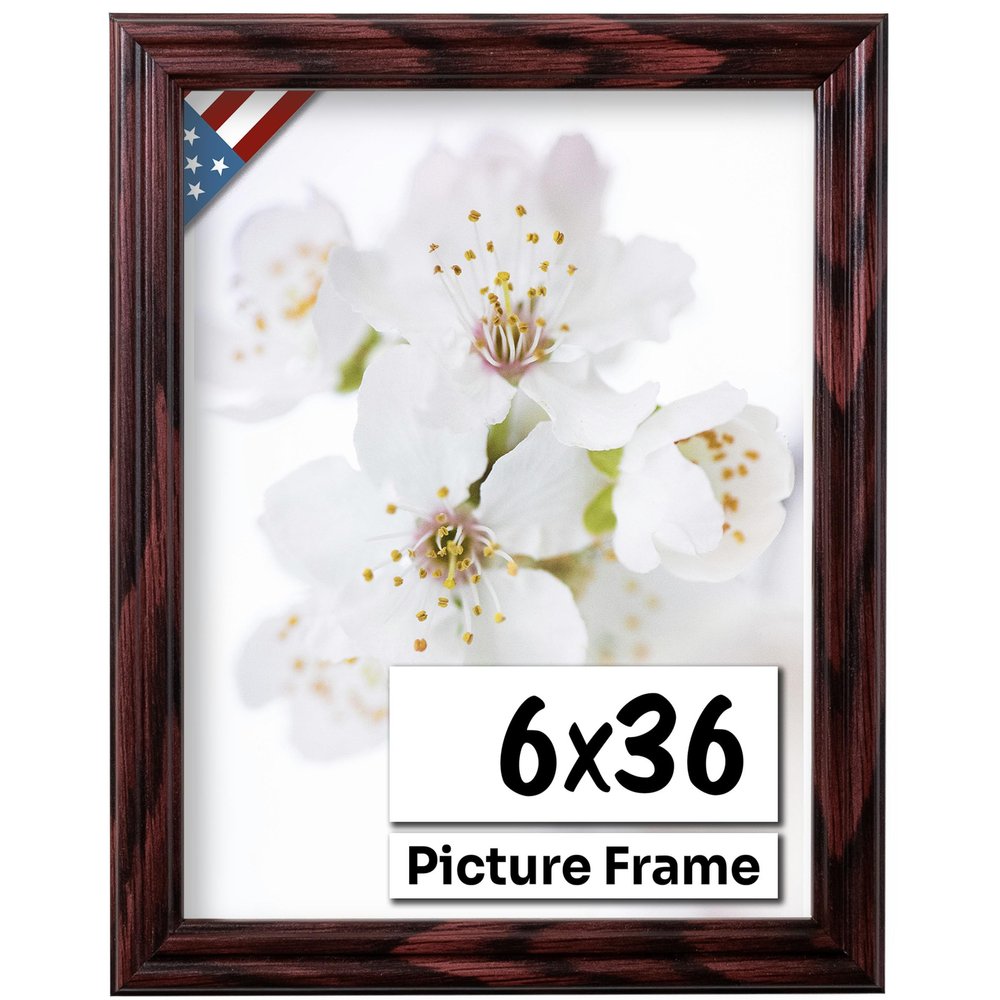 US Art Cherry 6x36 Picture Frame .75" Inch Wide - Cherry Wall Decor Handmade Solid Wood Frames with Preinstalled Hangers and UV Blocking Plexiglass 36x6 Frame